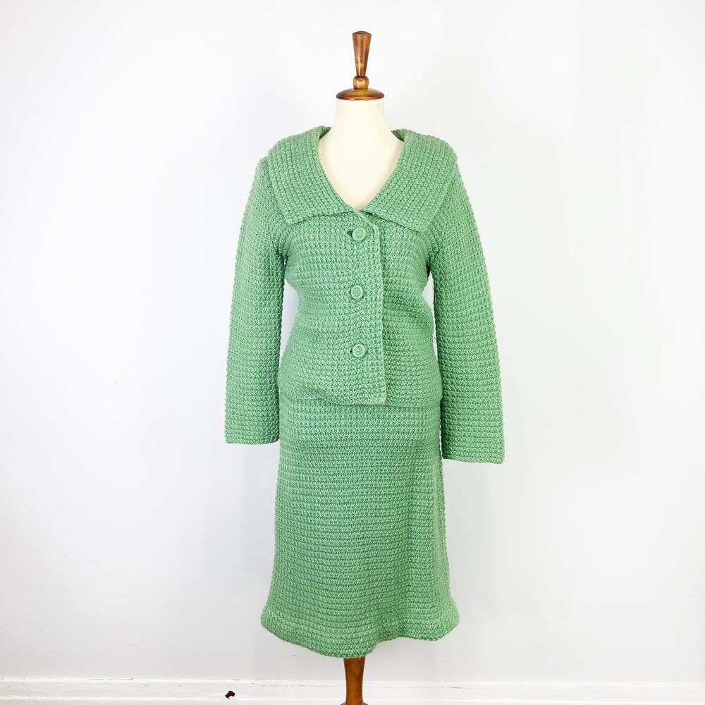 Vintage green knit sweater and dress set handmade by Virginia Bingham Size XS - Picture 2 of 8